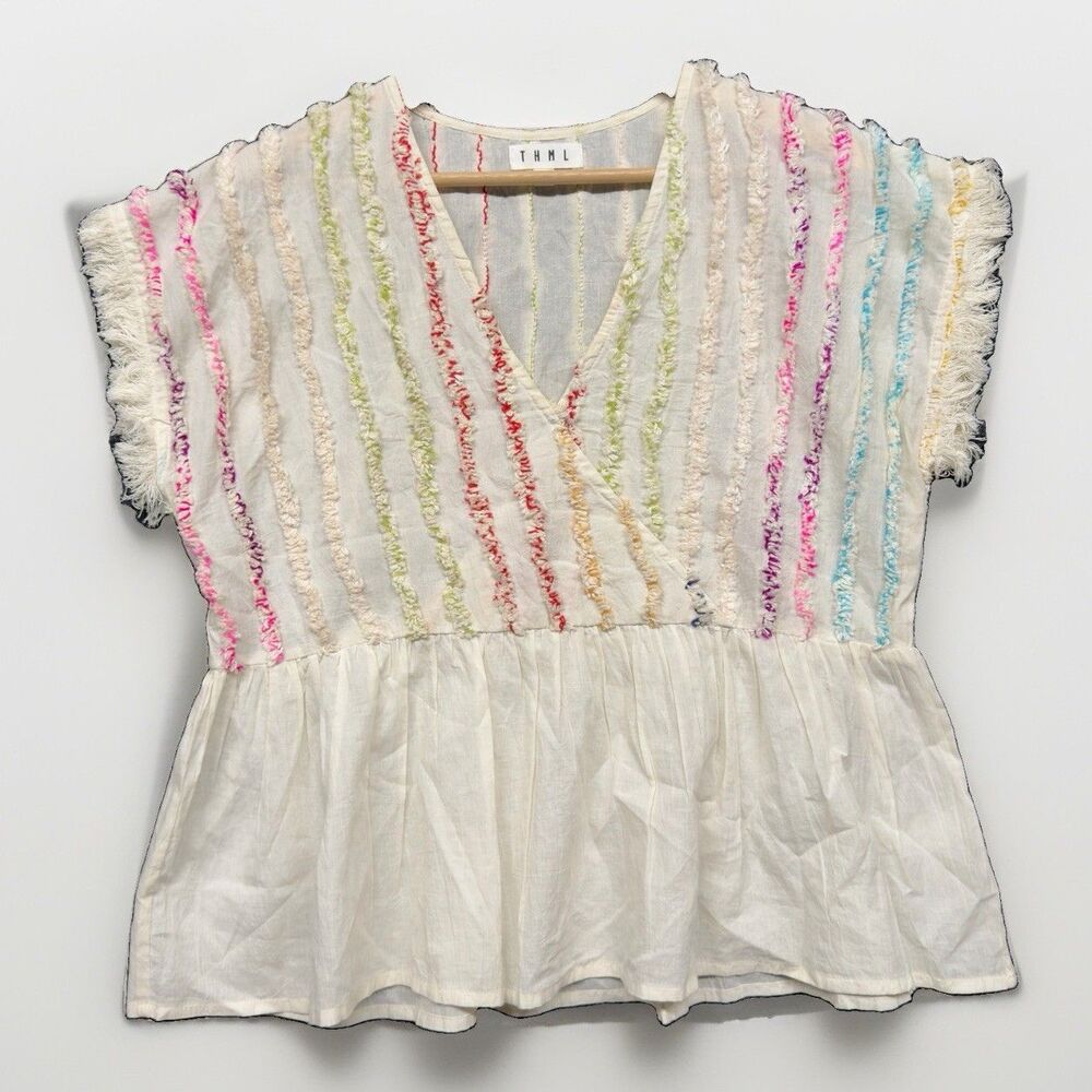 THML Women’s Small Fringe Boho White Blouse Ivory With Pink Anthropologie Cotton